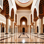 **

A serene photo of the Yamoussoukro Grand Mosque, blending Islamic and African architectural elements, bathed in soft light, emphasizing its artistic beauty and peaceful atmosphere. Open to the public, with visitors respectfully observing.

**