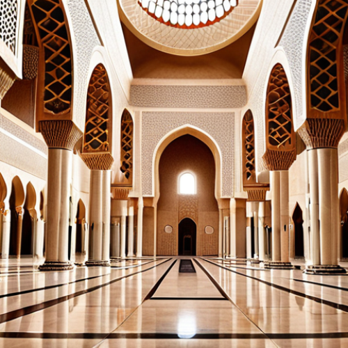**

A serene photo of the Yamoussoukro Grand Mosque, blending Islamic and African architectural elements, bathed in soft light, emphasizing its artistic beauty and peaceful atmosphere. Open to the public, with visitors respectfully observing.

**