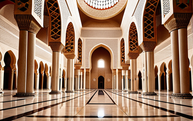 **

A serene photo of the Yamoussoukro Grand Mosque, blending Islamic and African architectural elements, bathed in soft light, emphasizing its artistic beauty and peaceful atmosphere. Open to the public, with visitors respectfully observing.

**