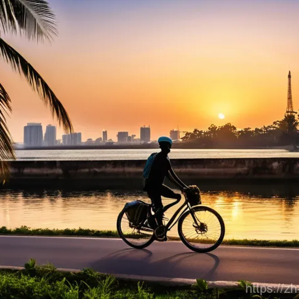 코트디부아르에서 자전거 여행하기 - **Prompt 1: Abidjan Coastal Ride at Sunset**
    "A lone cyclist, wearing a modern cycling helmet an...