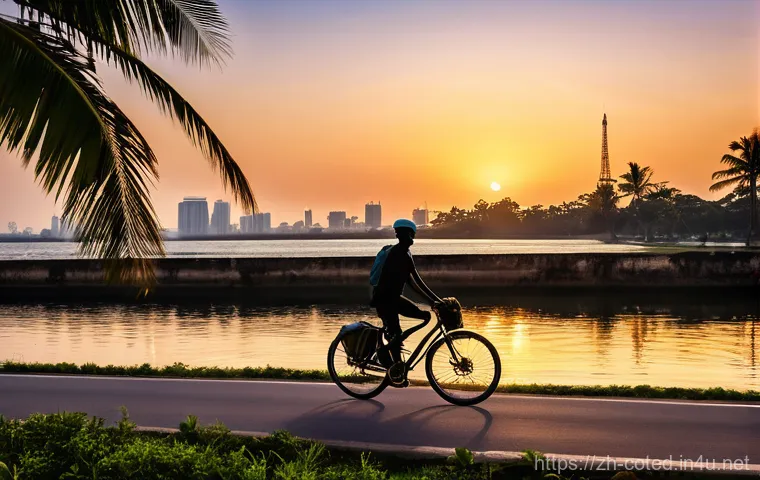 코트디부아르에서 자전거 여행하기 - **Prompt 1: Abidjan Coastal Ride at Sunset**
    "A lone cyclist, wearing a modern cycling helmet an...