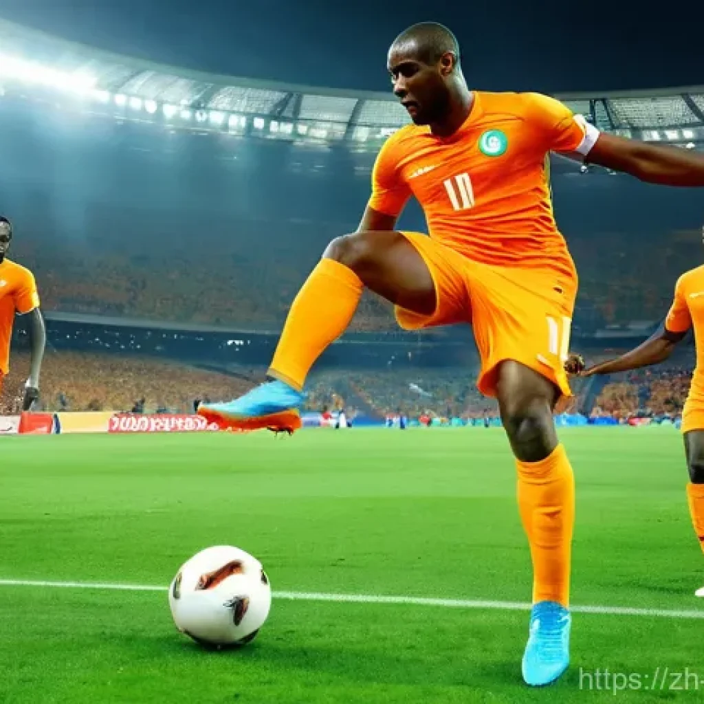 코트디부아르 vs 카메룬 축구 역사 - **Prompt:** A dynamic, high-energy football match scene depicting two iconic players from Côte d'Ivo...