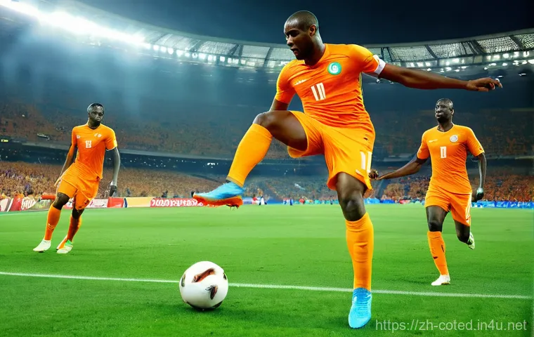 코트디부아르 vs 카메룬 축구 역사 - **Prompt:** A dynamic, high-energy football match scene depicting two iconic players from Côte d'Ivo...