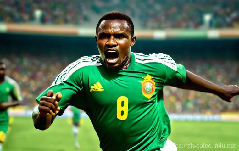 코트디부아르 vs 카메룬 축구 역사 - **Prompt:** A dynamic, high-energy football match scene depicting two iconic players from Côte d'Ivo...