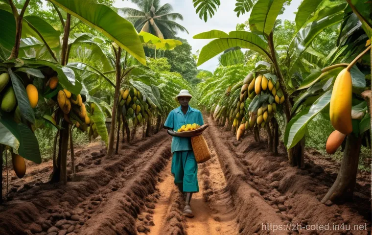 코트디부아르 유기농 농업 현황 - **Prompt:** A serene and vibrant scene showcasing sustainable cocoa agroforestry in Côte d'Ivoire. A...