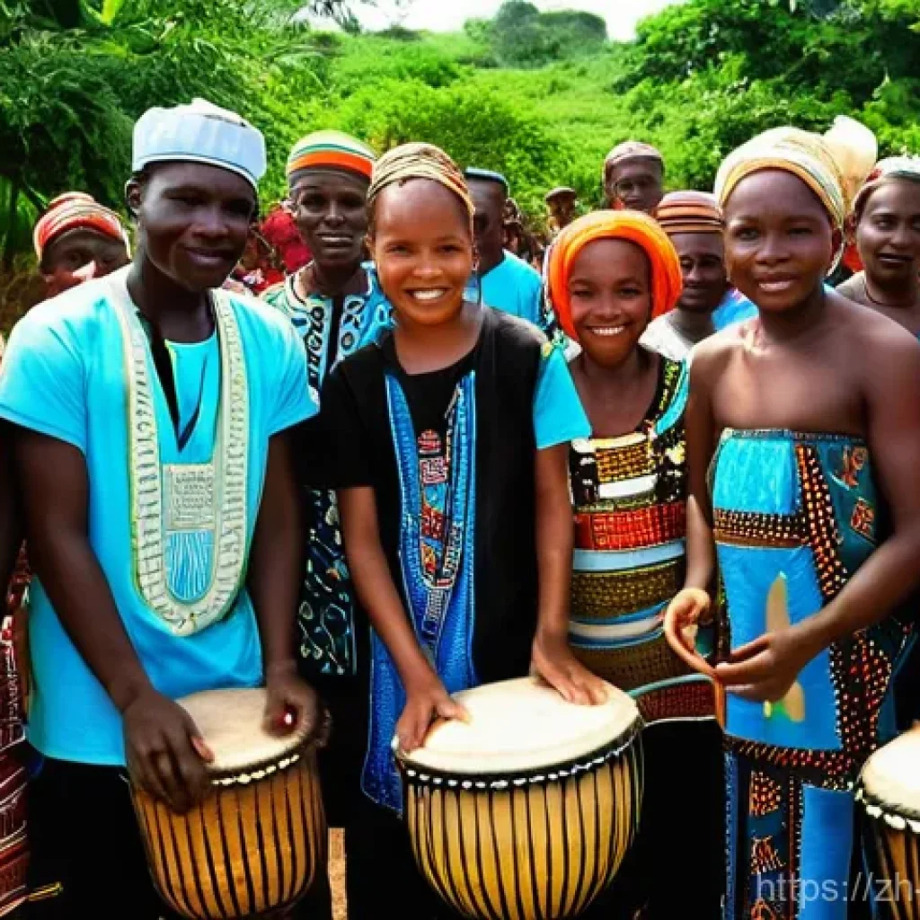 코트디부아르 젬베 드럼 문화 - **Prompt:** A vibrant outdoor celebration in a sun-drenched village in Côte d'Ivoire. Several highly...