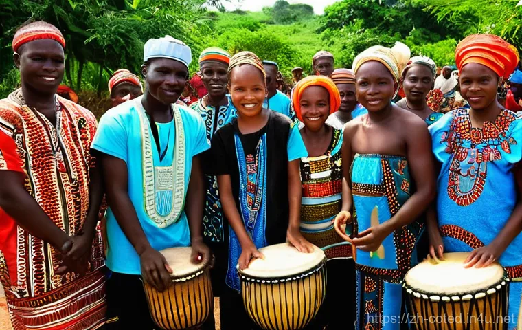 코트디부아르 젬베 드럼 문화 - **Prompt:** A vibrant outdoor celebration in a sun-drenched village in Côte d'Ivoire. Several highly...