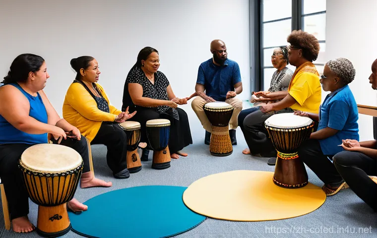 코트디부아르 젬베 드럼 문화 - **Prompt:** A vibrant outdoor celebration in a sun-drenched village in Côte d'Ivoire. Several highly...